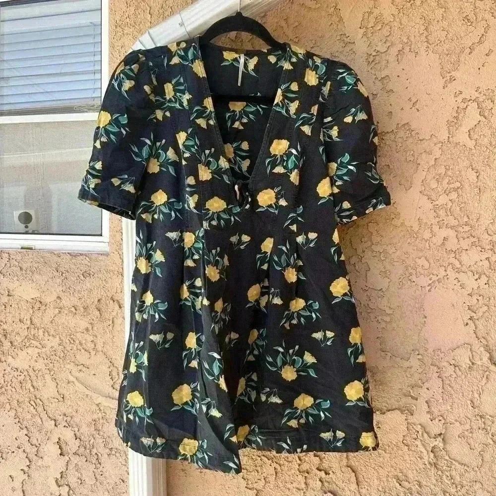 Free People Women's Adelle Floral Tunic Black Mini Cotton Blend Dress Sz small